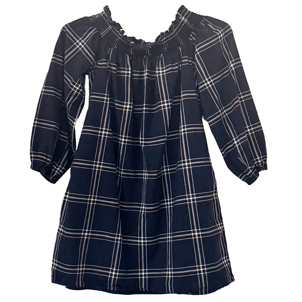 Abercrombie & Fitch Navy Plaid Off Shoulder Mini Dress Size Sm Tunic Preppy Twee